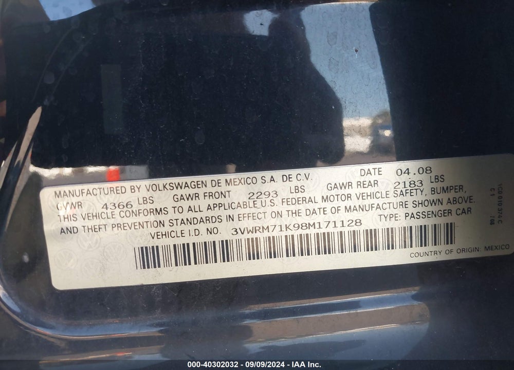 2008 VOLKSWAGEN JETTA SE VIN: 3VWRM71K98M171128