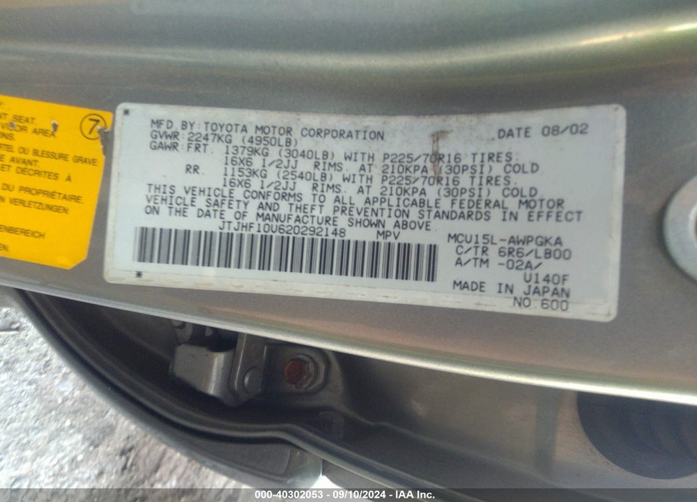 2002 LEXUS RX 300 VIN: JTJHF10U620292148
