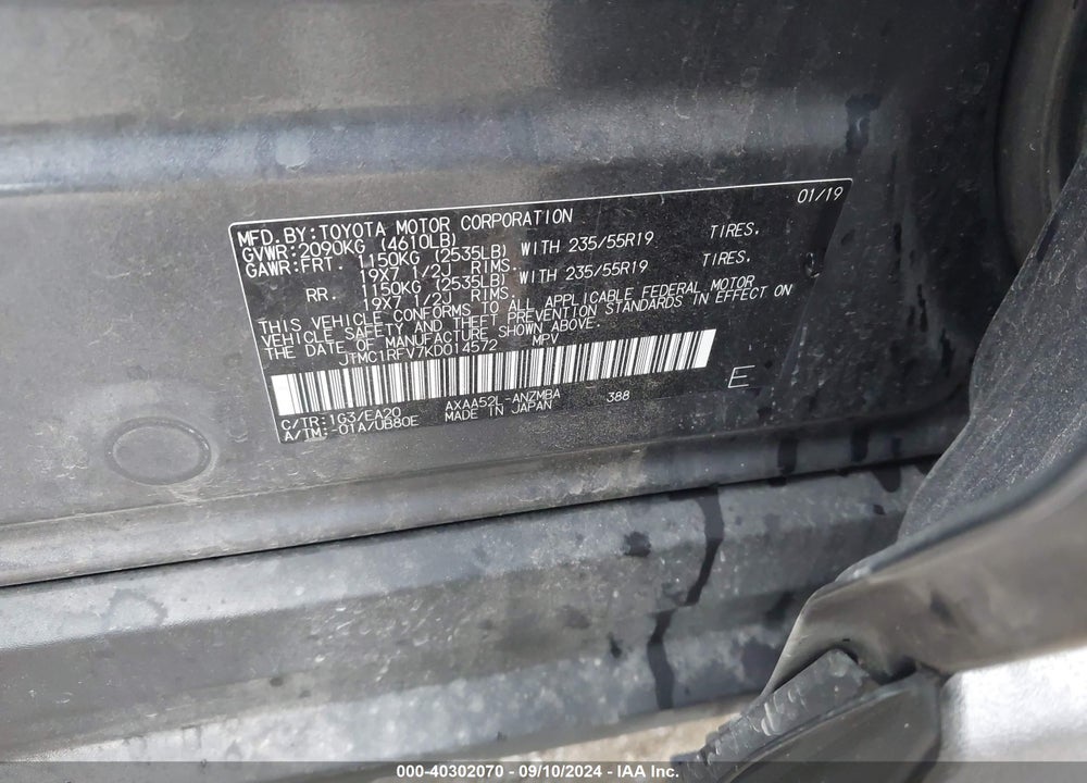 2019 TOYOTA RAV4 VIN: JTMC1RFV7KD014572