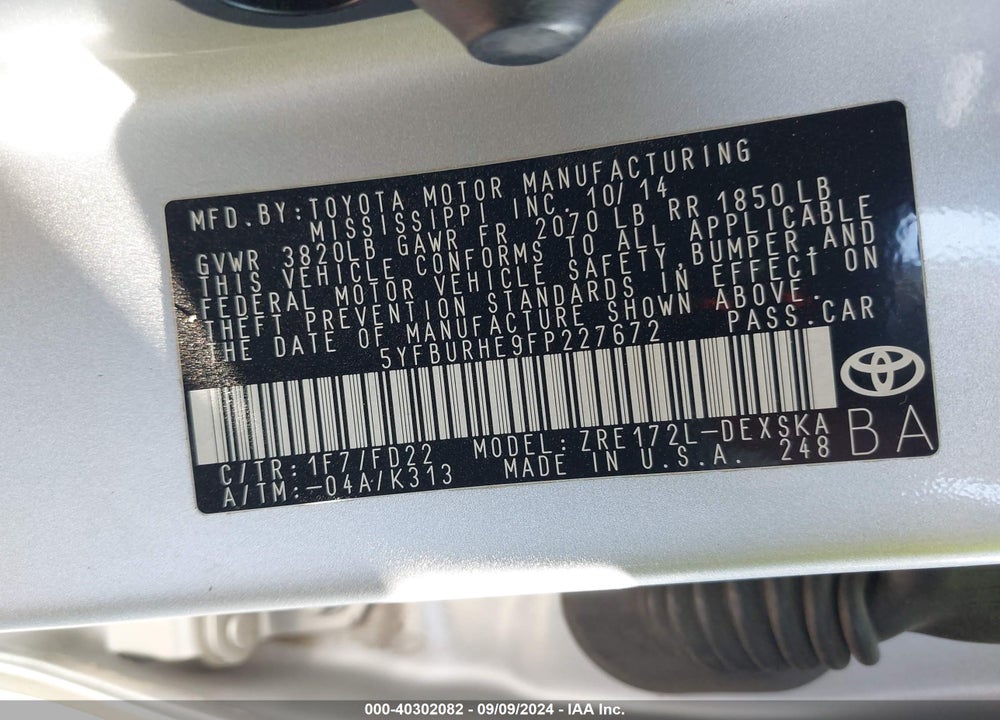 2015 TOYOTA COROLLA S PLUS VIN: 5YFBURHE9FP227672