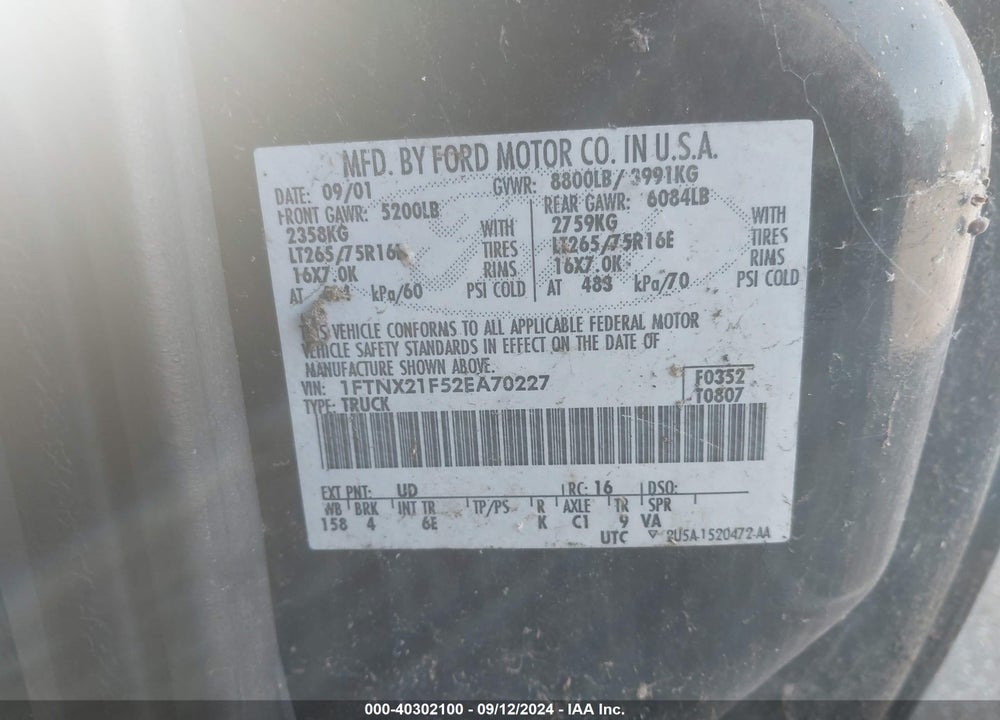 2002 FORD F-250 LARIAT/XL/XLT VIN: 1FTNX21F52EA70227