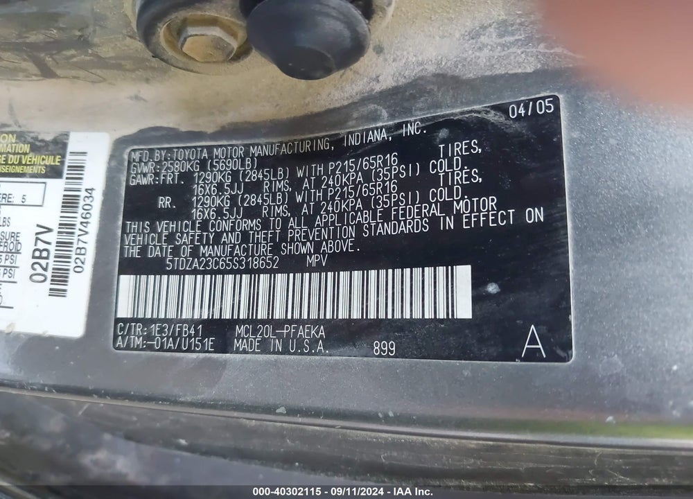 2005 TOYOTA SIENNA LE VIN: 5TDZA23C65S318652