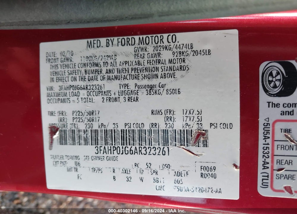 2010 FORD FUSION SEL VIN: 3FAHP0JG6AR323261