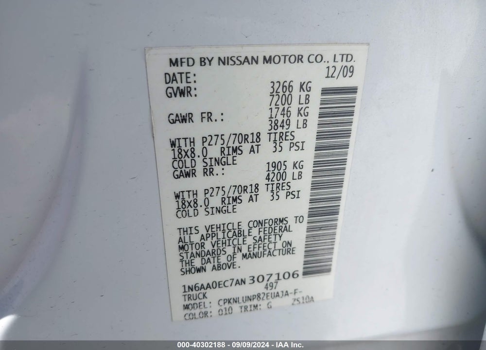 2010 NISSAN TITAN PRO-4X VIN: 1N6AA0EC7AN307106