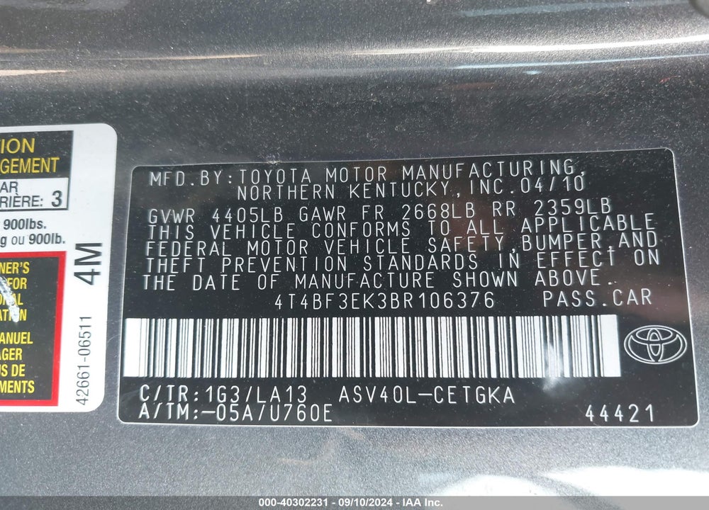 2011 TOYOTA CAMRY XLE VIN: 4T4BF3EK3BR106376
