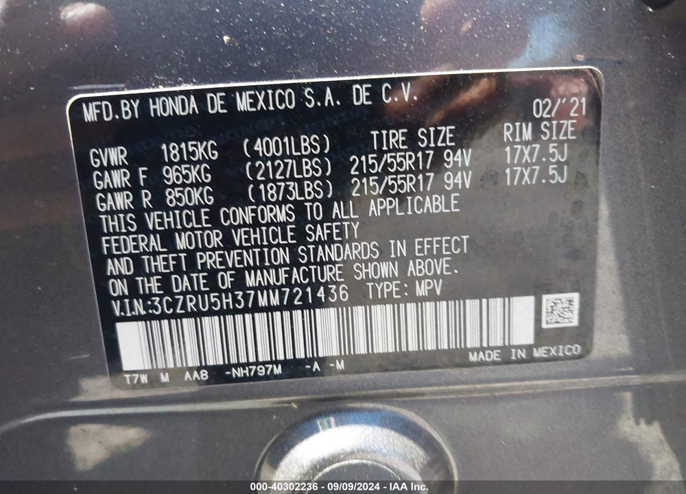 2021 HONDA HR-V 2WD LX VIN: 3CZRU5H37MM721436