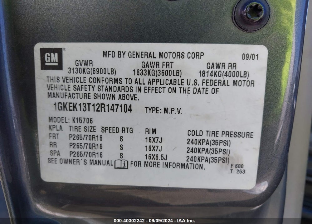 2002 GMC YUKON SLT VIN: 1GKEK13T12R147104