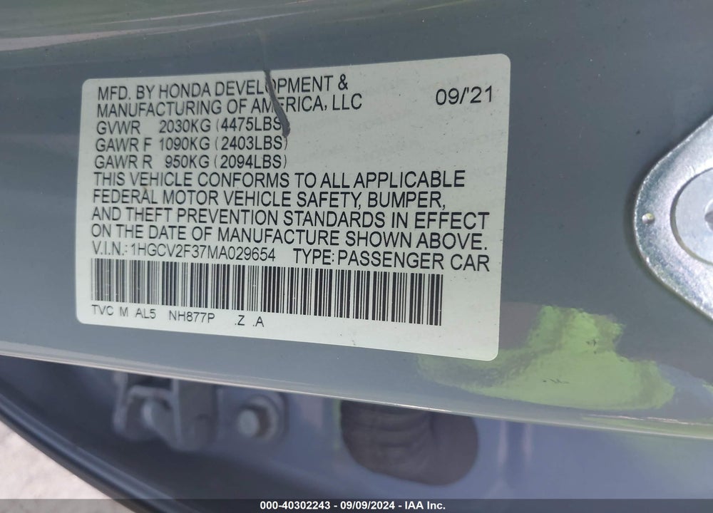 2021 HONDA ACCORD SPORT 2.0T VIN: 1HGCV2F37MA029654