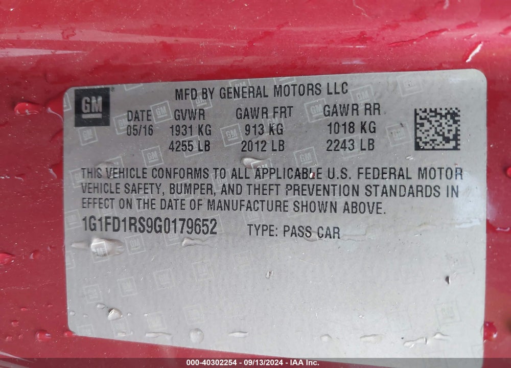 2016 CHEVROLET CAMARO 2LT VIN: 1G1FD1RS9G0179652