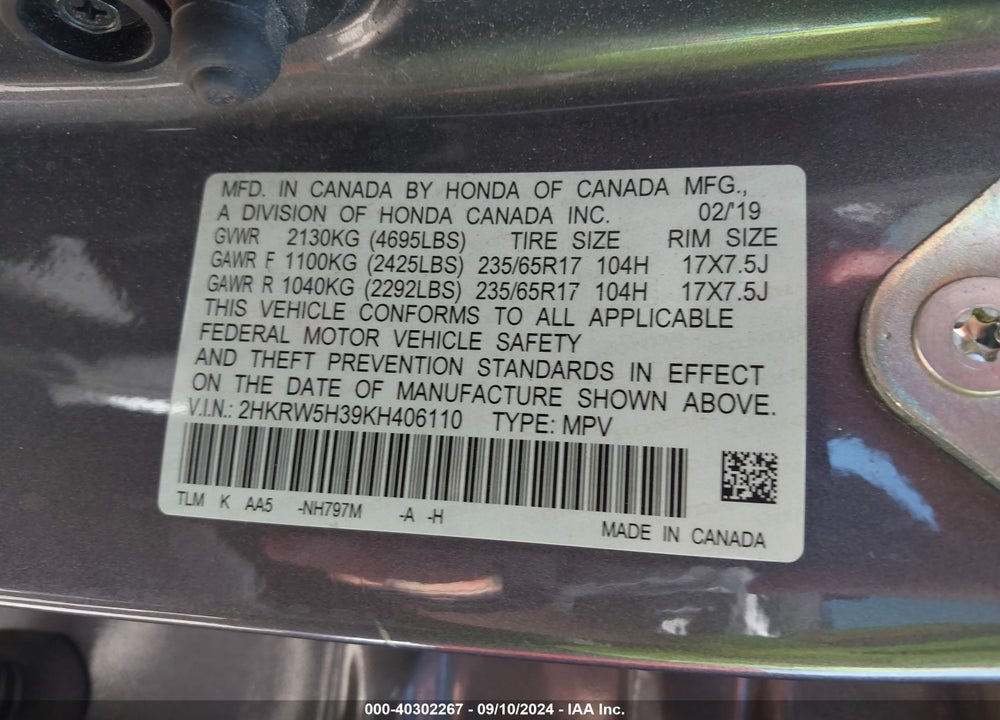 2019 HONDA CR-V LX VIN: 2HKRW5H39KH406110