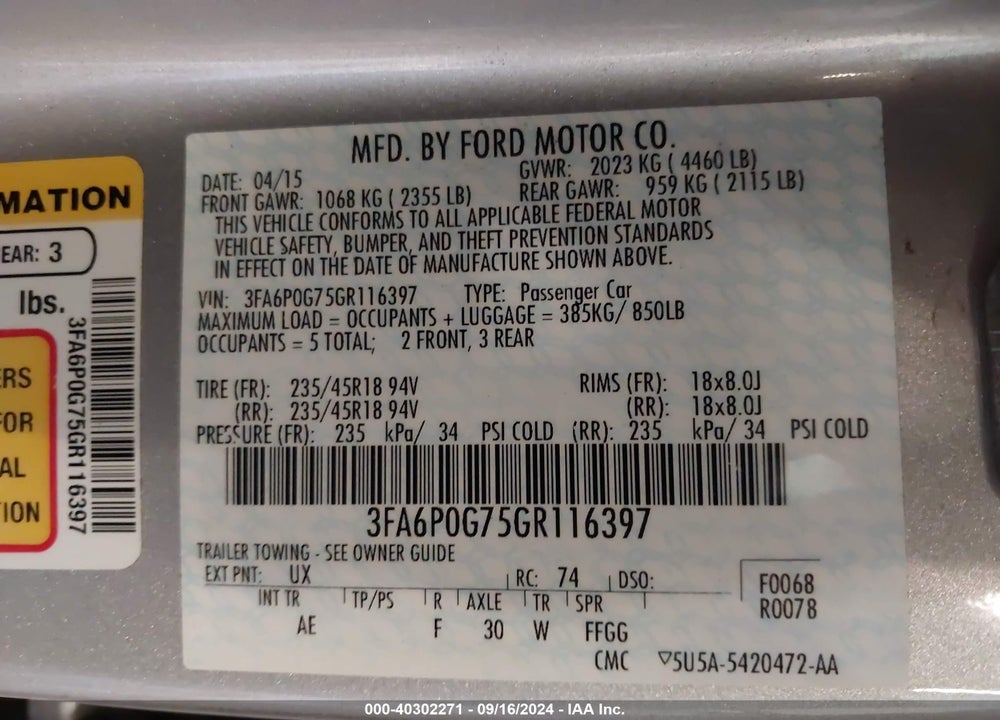 2016 FORD FUSION S VIN: 3FA6P0G75GR116397