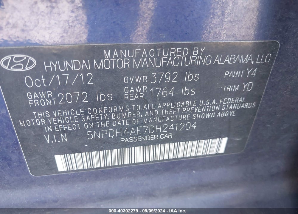 2013 HYUNDAI ELANTRA LIMITED VIN: 5NPDH4AE7DH241204