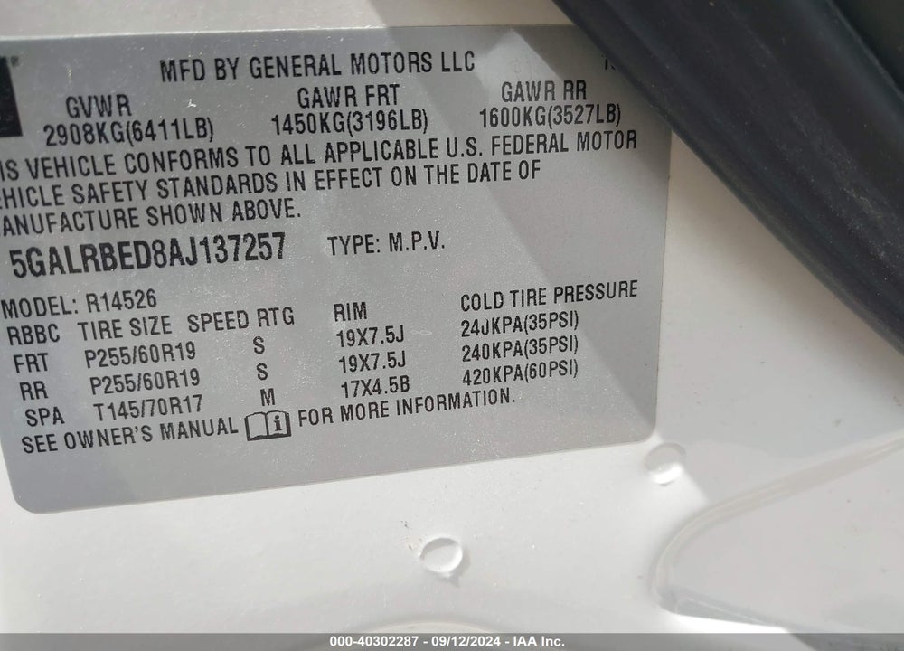 2010 BUICK ENCLAVE 1XL VIN: 5GALRBED8AJ137257