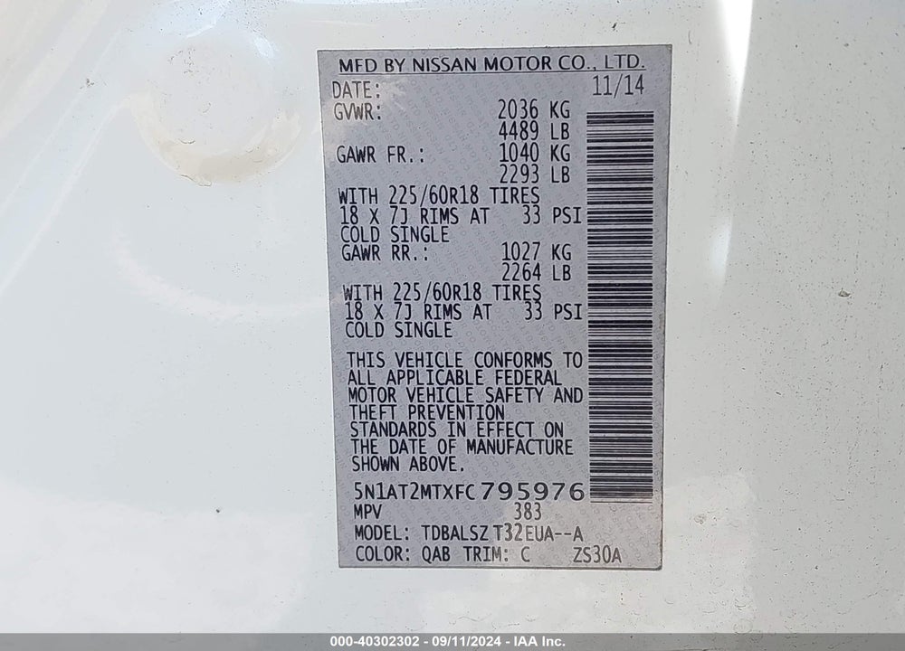 2015 NISSAN ROGUE SL VIN: 5N1AT2MTXFC795976