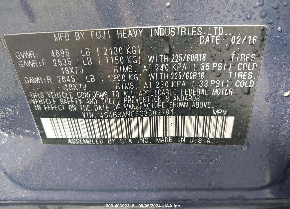 2016 SUBARU OUTBACK 2.5I LIMITED VIN: 4S4BSANC9G3303701