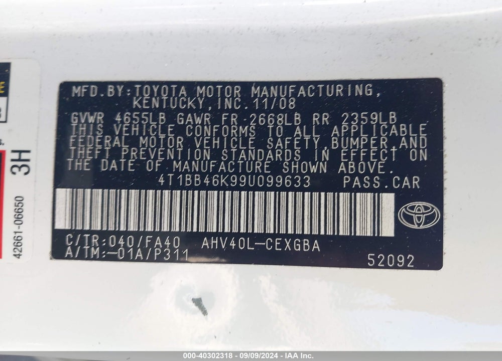 2009 TOYOTA CAMRY HYBRID VIN: 4T1BB46K99U099633