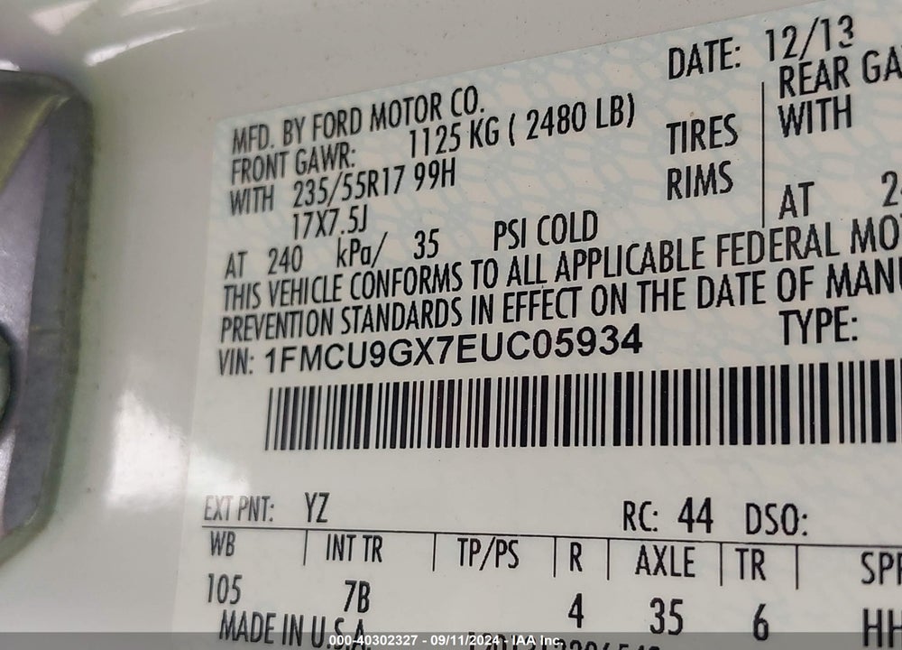 2014 FORD ESCAPE SE VIN: 1FMCU9GX7EUC05934