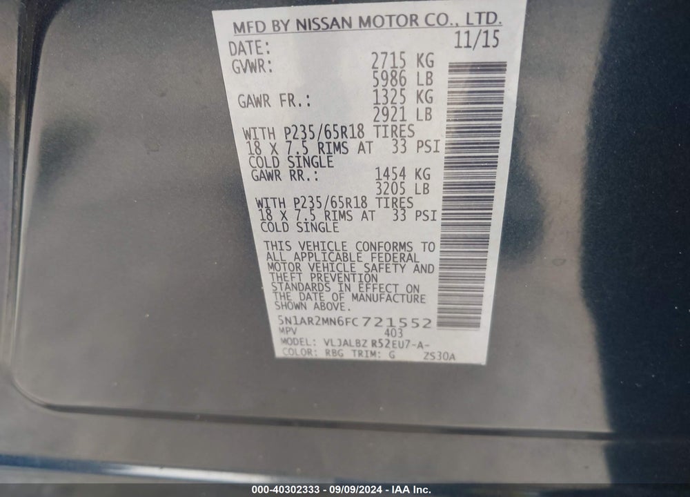 2015 NISSAN PATHFINDER S VIN: 5N1AR2MN6FC721552