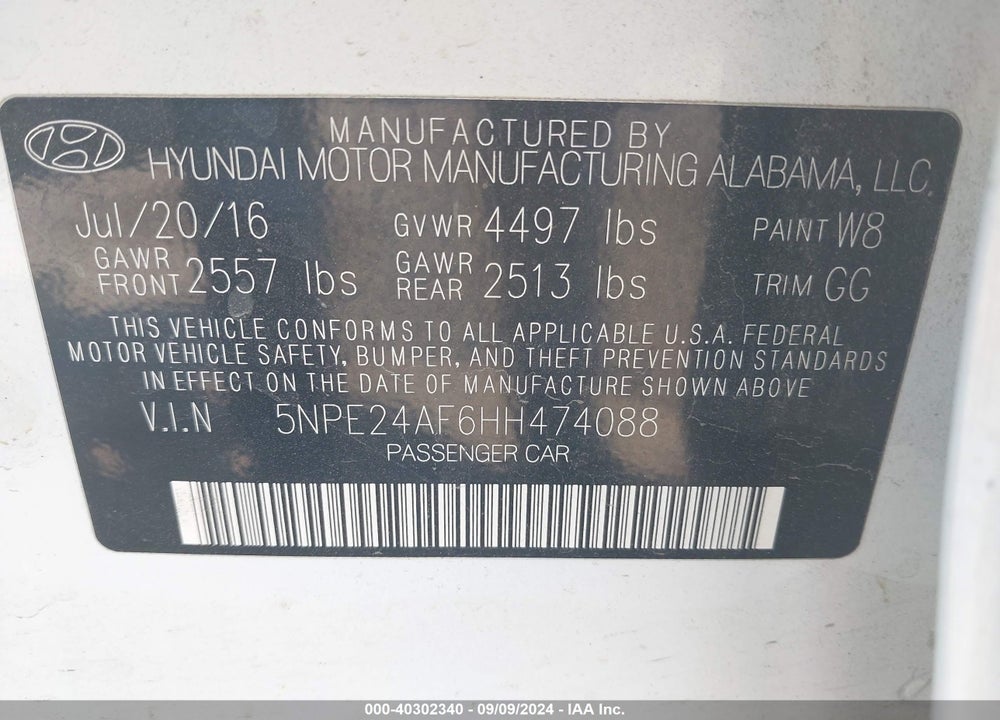 2017 HYUNDAI SONATA VIN: 5NPE24AF6HH474088