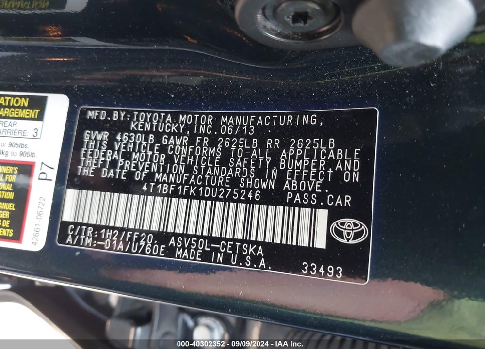 2013 TOYOTA CAMRY SE VIN: 4T1BF1FK1DU275246