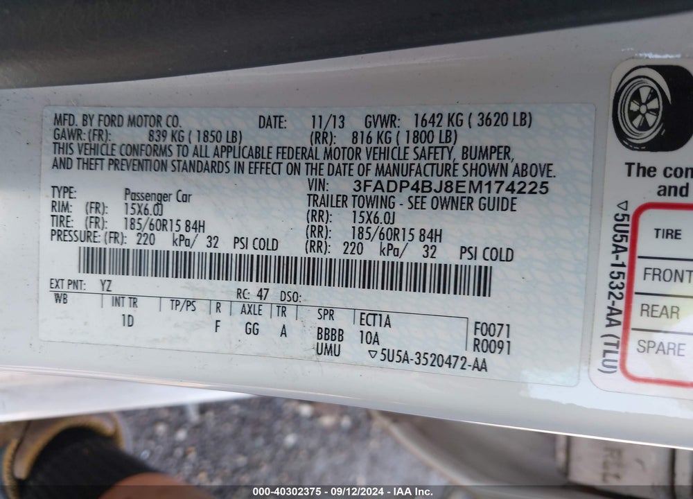 2014 FORD FIESTA SE VIN: 3FADP4BJ8EM174225