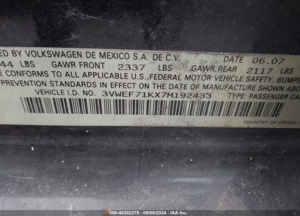 2007 VOLKSWAGEN JETTA VIN: 3VWEF71KX7M192433
