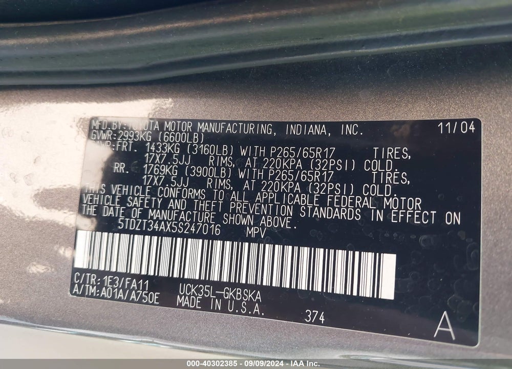 2005 TOYOTA SEQUOIA SR5 V8 VIN: 5TDZT34AX5S247016