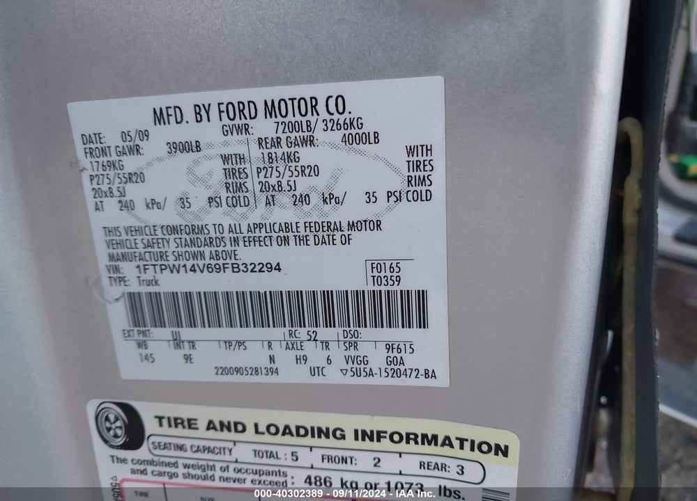 2009 FORD F-150 PLATINUM VIN: 1FTPW14V69FB32294