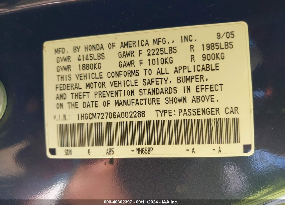 2006 HONDA ACCORD 2.4 EX VIN: 1HGCM72706A002288