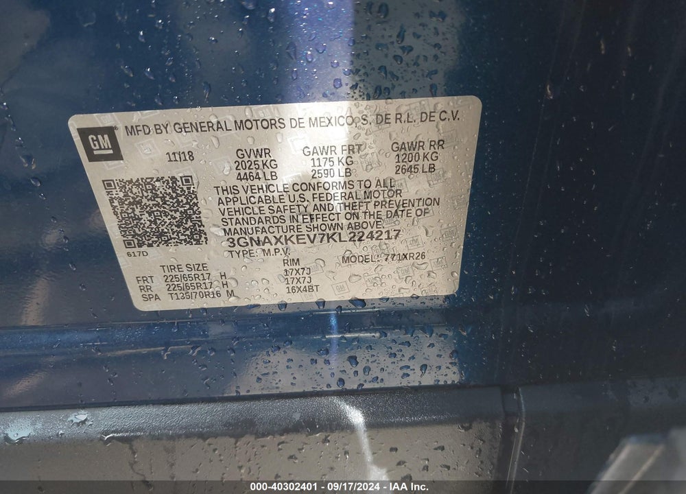 2019 CHEVROLET EQUINOX LT VIN: 3GNAXKEV7KL224217