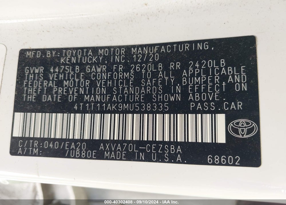 2021 TOYOTA CAMRY SE VIN: 4T1T11AK9MU538335