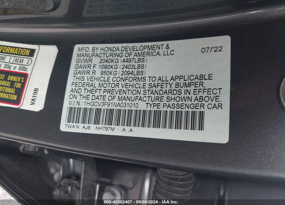 2022 HONDA ACCORD HYBRID TOURING VIN: 1HGCV3F91NA031010