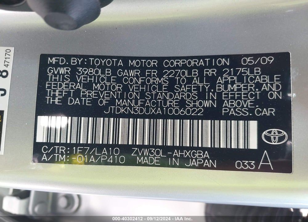 2010 TOYOTA PRIUS IV VIN: JTDKN3DUXA1006022