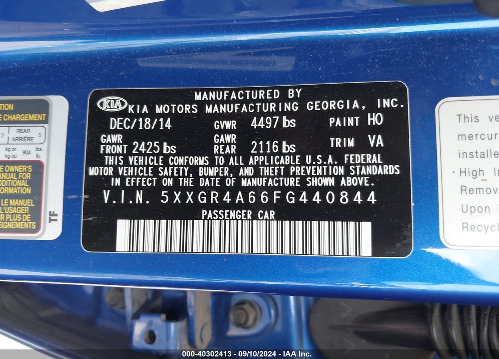 2015 KIA OPTIMA SX TURBO VIN: 5XXGR4A66FG440844