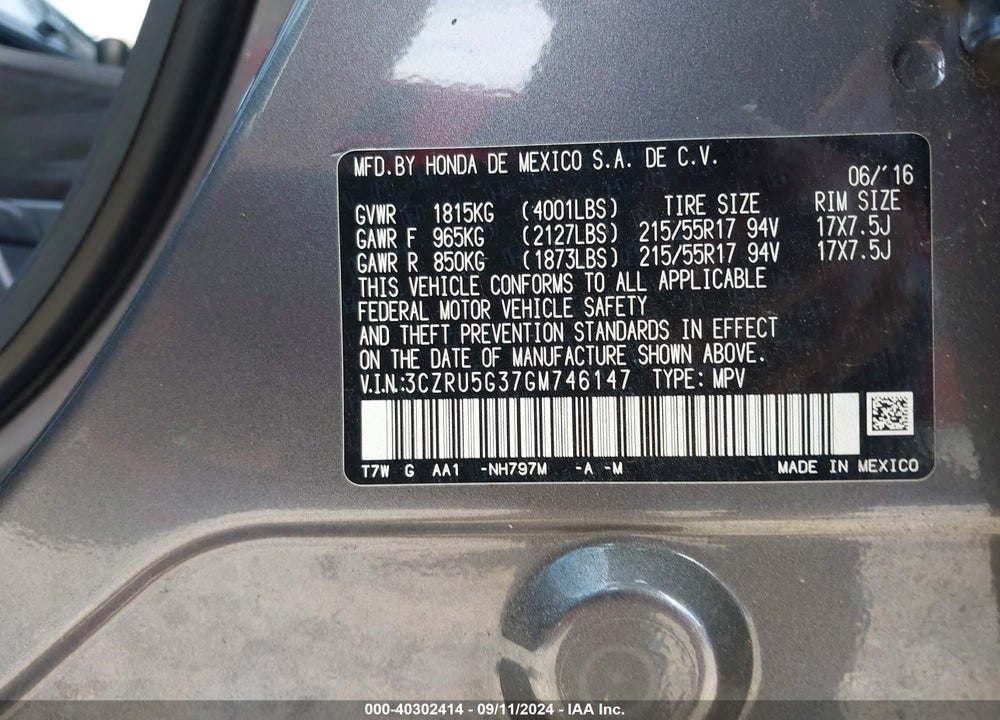 2016 HONDA HR-V LX VIN: 3CZRU5G37GM746147