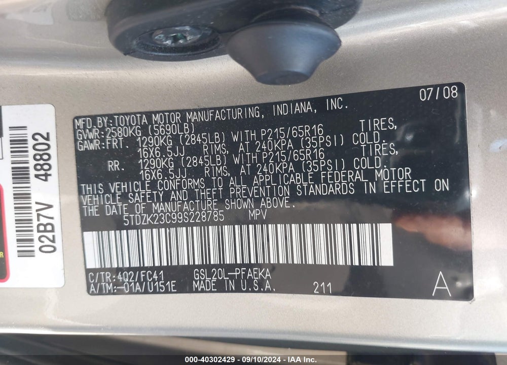 2009 TOYOTA SIENNA LE VIN: 5TDZK23C99S228785