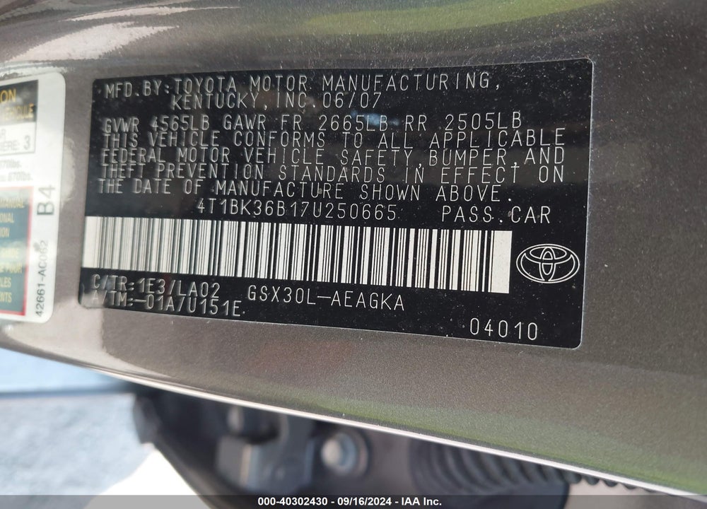 2007 TOYOTA AVALON XL/XLS/TOURING/LIMITED VIN: 4T1BK36B17U250665
