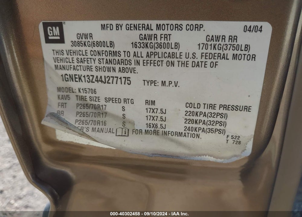 2004 CHEVROLET TAHOE LS VIN: 1GNEK13Z44J277175