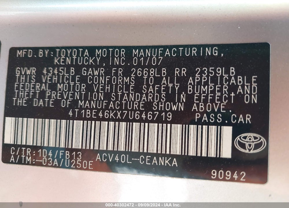 2007 TOYOTA CAMRY LE VIN: 4T1BE46KX7U646719