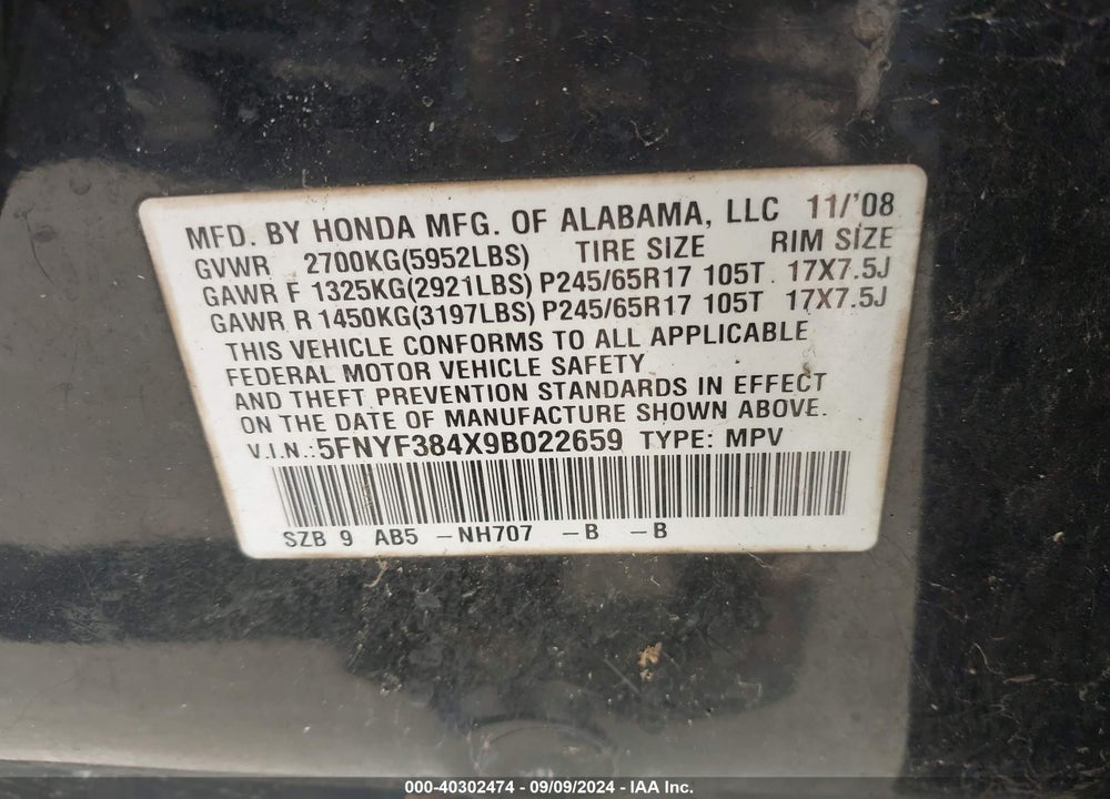 2009 HONDA PILOT EX VIN: 5FNYF384X9B022659