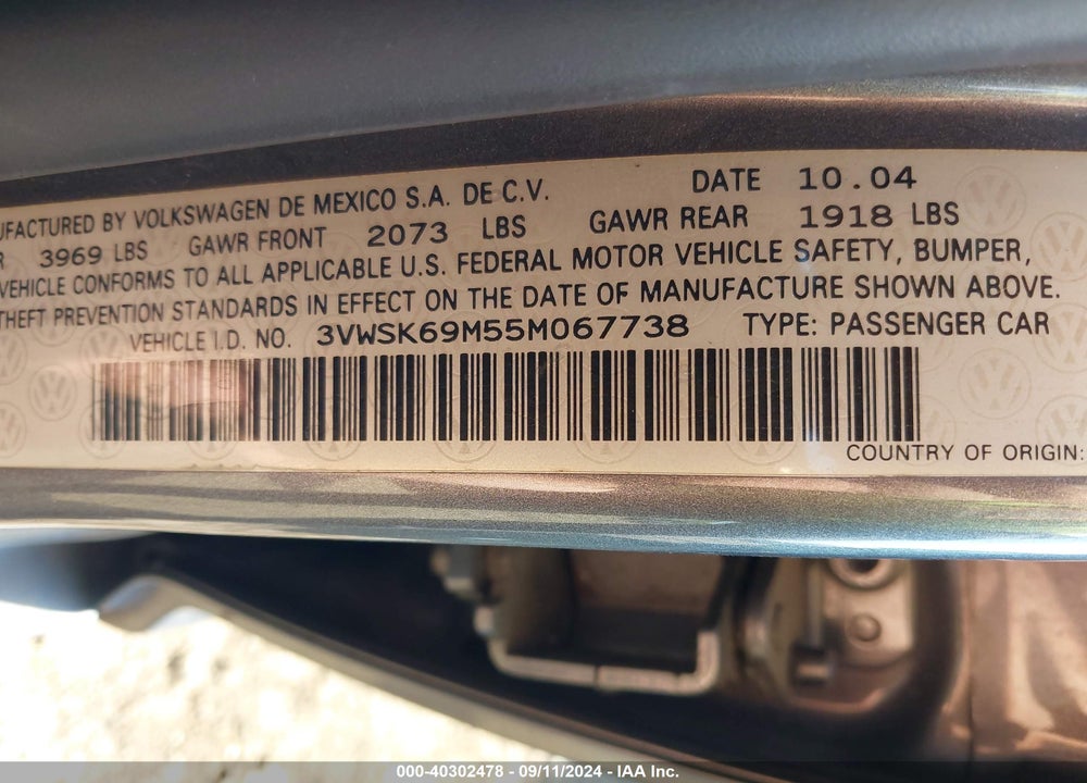 2005 VOLKSWAGEN JETTA GLS 2.0L VIN: 3VWSK69M55M067738