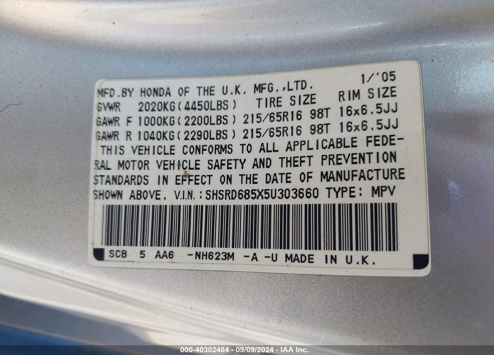 2005 HONDA CR-V LX VIN: SHSRD685X5U303660