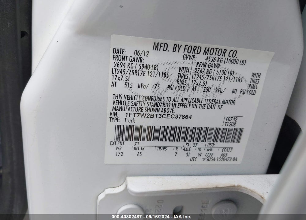 2012 FORD F-250 XL VIN: 1FT7W2BT3CEC37864