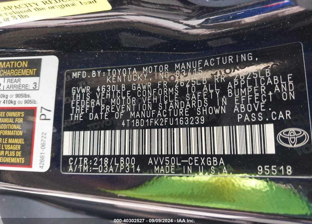 2015 TOYOTA CAMRY HYBRID XLE VIN: 4T1BD1FK2FU163239