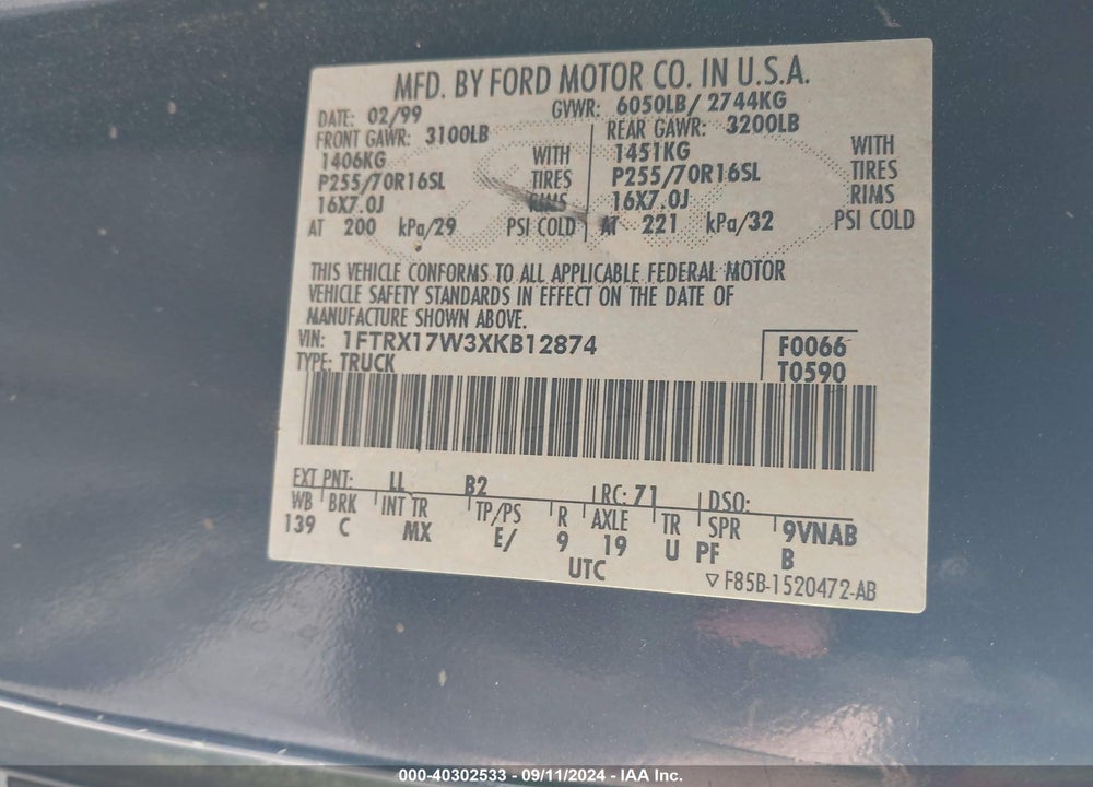 1999 FORD F-150 LARIAT/WORK SERIES/XL/XLT VIN: 1FTRX17W3XKB12874