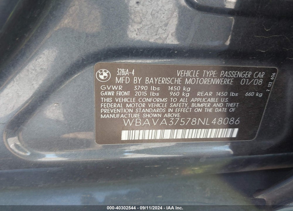2008 BMW 328I VIN: WBAVA37578NL48086