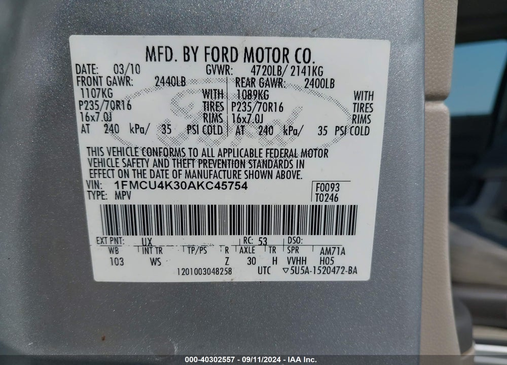 2010 FORD ESCAPE HYBRID LIMITED VIN: 1FMCU4K30AKC45754