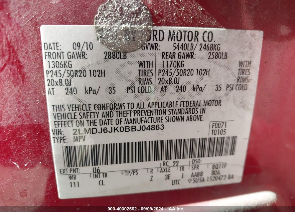2011 LINCOLN MKX VIN: 2LMDJ6JK0BBJ04863