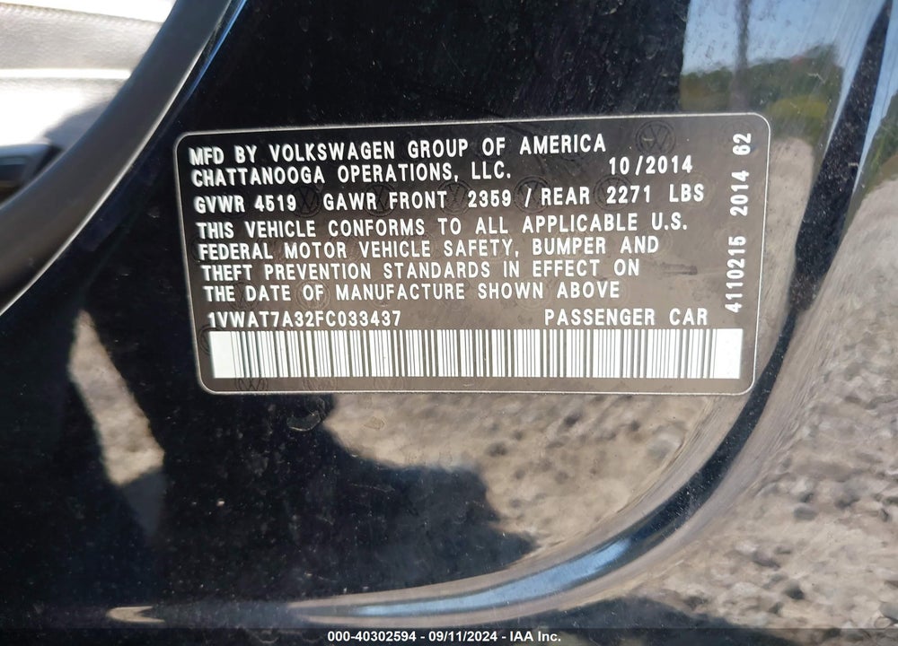2015 VOLKSWAGEN PASSAT 1.8T WOLFSBURG EDITION VIN: 1VWAT7A32FC033437