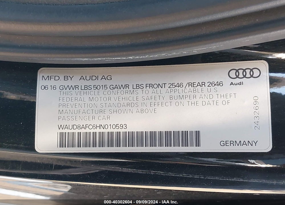 2017 AUDI A6 2.0T PREMIUM VIN: WAUD8AFC6HN010593